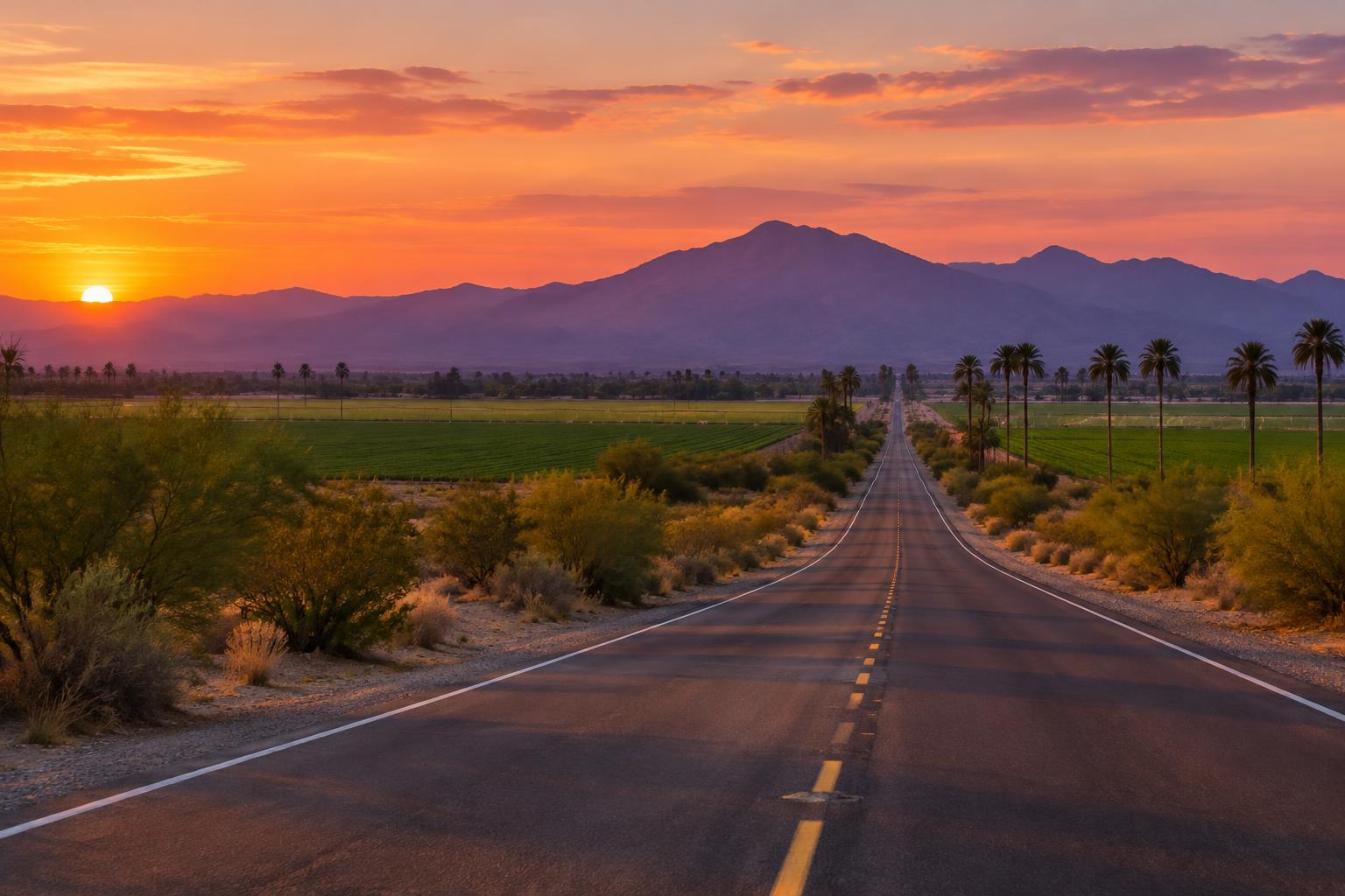 A desert highway outside Yuma, Arizona at dusk