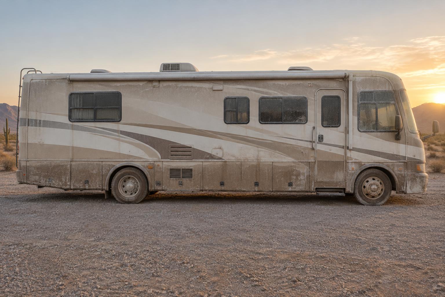 Dusted-over motorhome in the desert